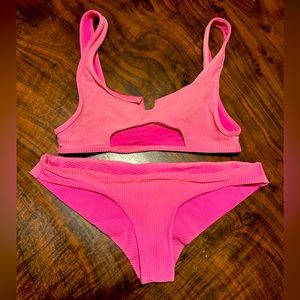 Frankie’s Bikinis Neon Pink Rib Bikini set Size Medium.
